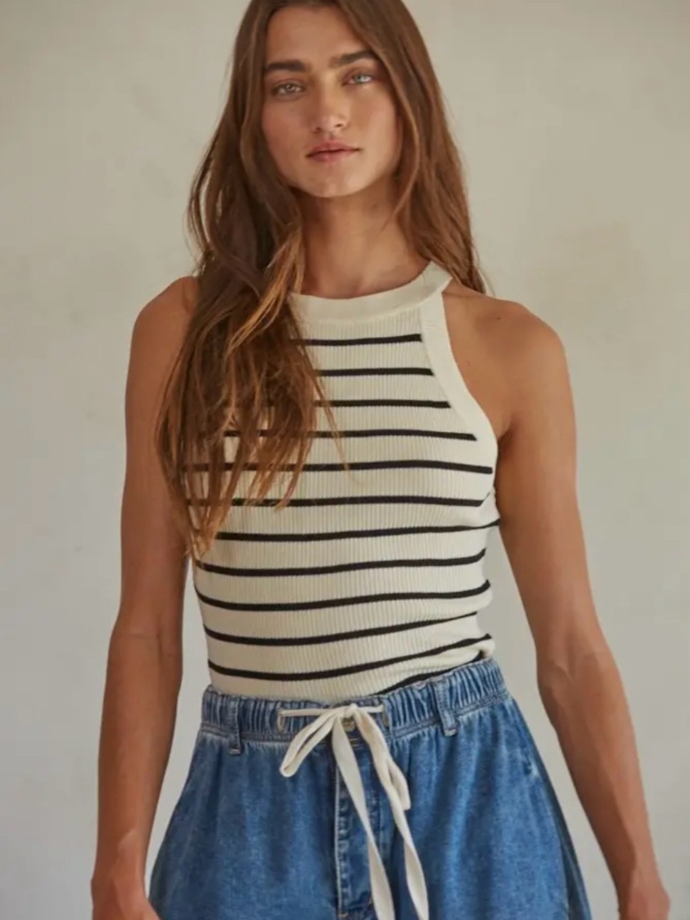 By Together Cream and Black Striped Ribbed Halter Tank